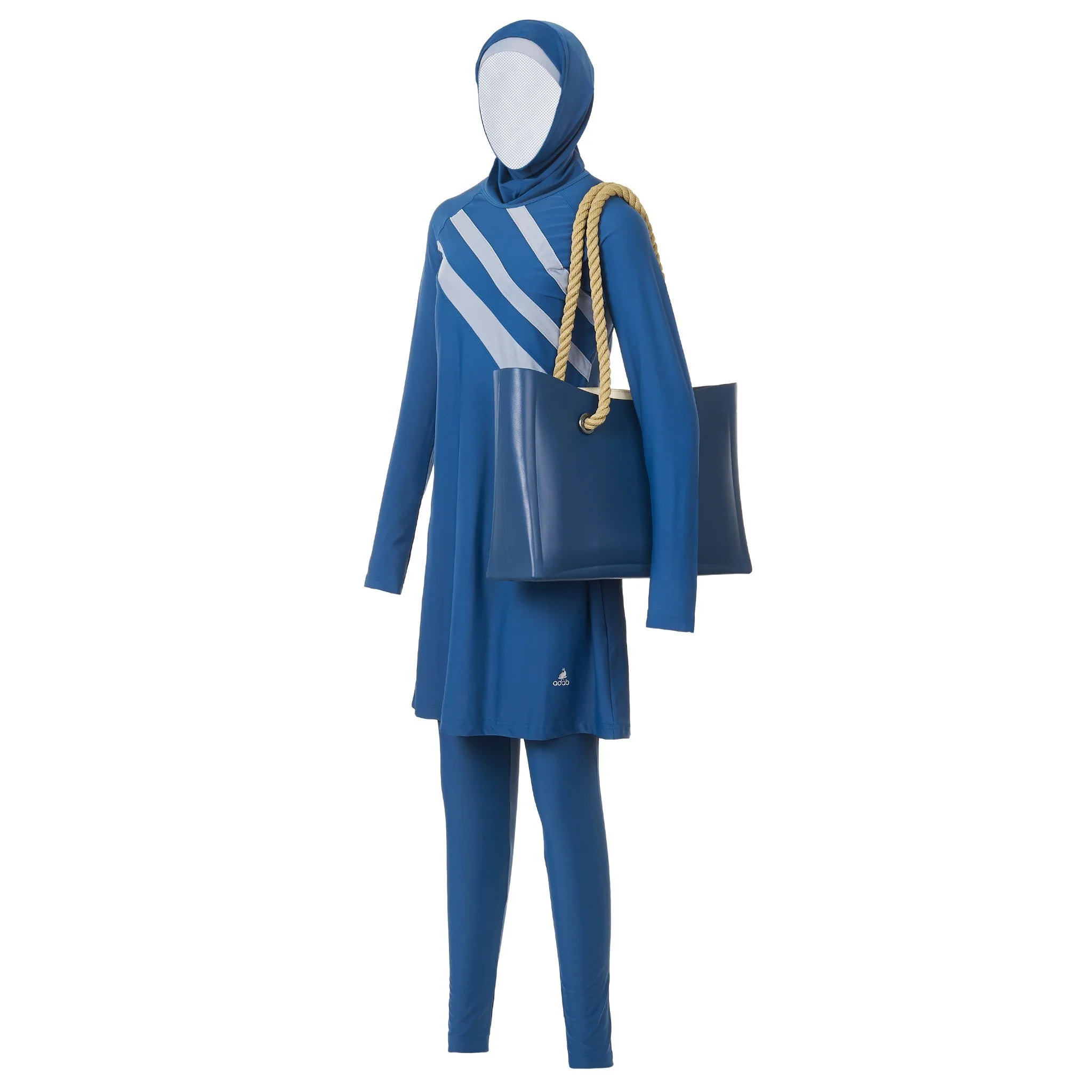 Blue and Grey Striped Burkini Swimwear - Image 3